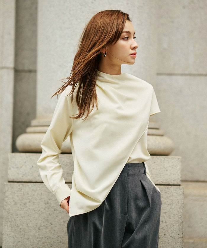 フレアシルエット お仕事 オフィス ディナー フォーマル ドレープ モード 変形シャツ  韓国風 綺麗め 細見え カジュアル KINO THE KEI