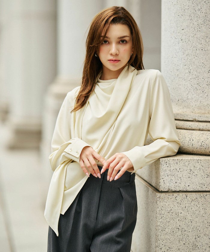 フレアシルエット お仕事 オフィス ディナー フォーマル ドレープ モード 変形シャツ  韓国風 綺麗め 細見え カジュアル KINO THE KEI