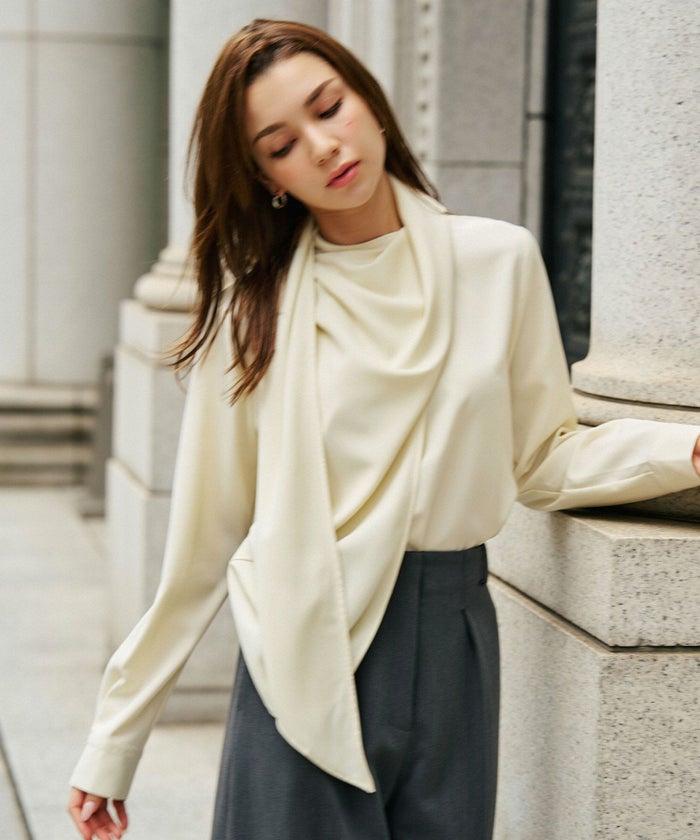 フレアシルエット お仕事 オフィス ディナー フォーマル ドレープ モード 変形シャツ  韓国風 綺麗め 細見え カジュアル KINO THE KEI