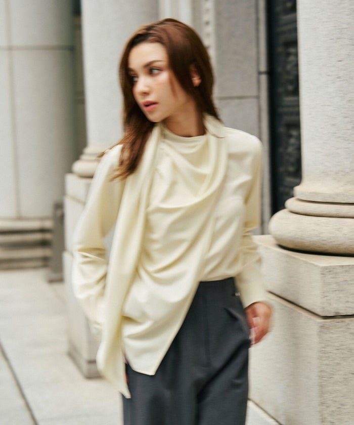 フレアシルエット お仕事 オフィス ディナー フォーマル ドレープ モード 変形シャツ  韓国風 綺麗め 細見え カジュアル KINO THE KEI