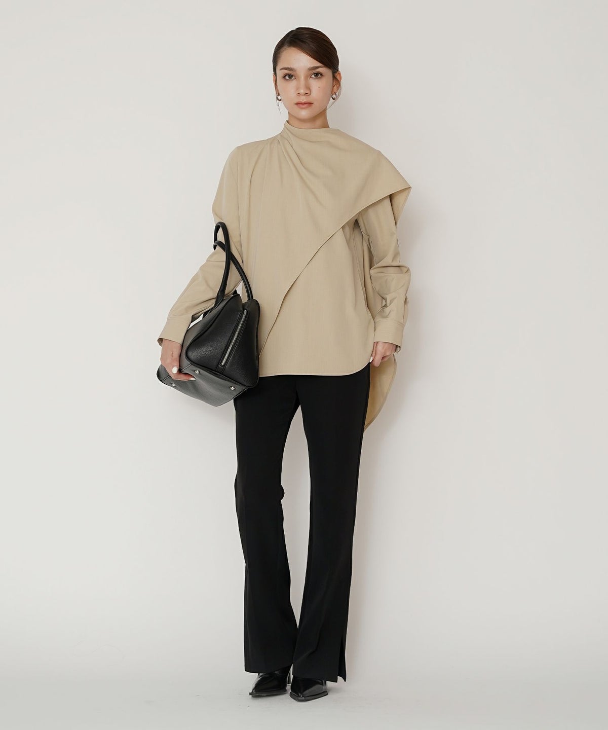 フレアシルエット お仕事 オフィス ディナー フォーマル ドレープ モード 変形シャツ  韓国風 綺麗め 細見え カジュアル KINO THE KEI