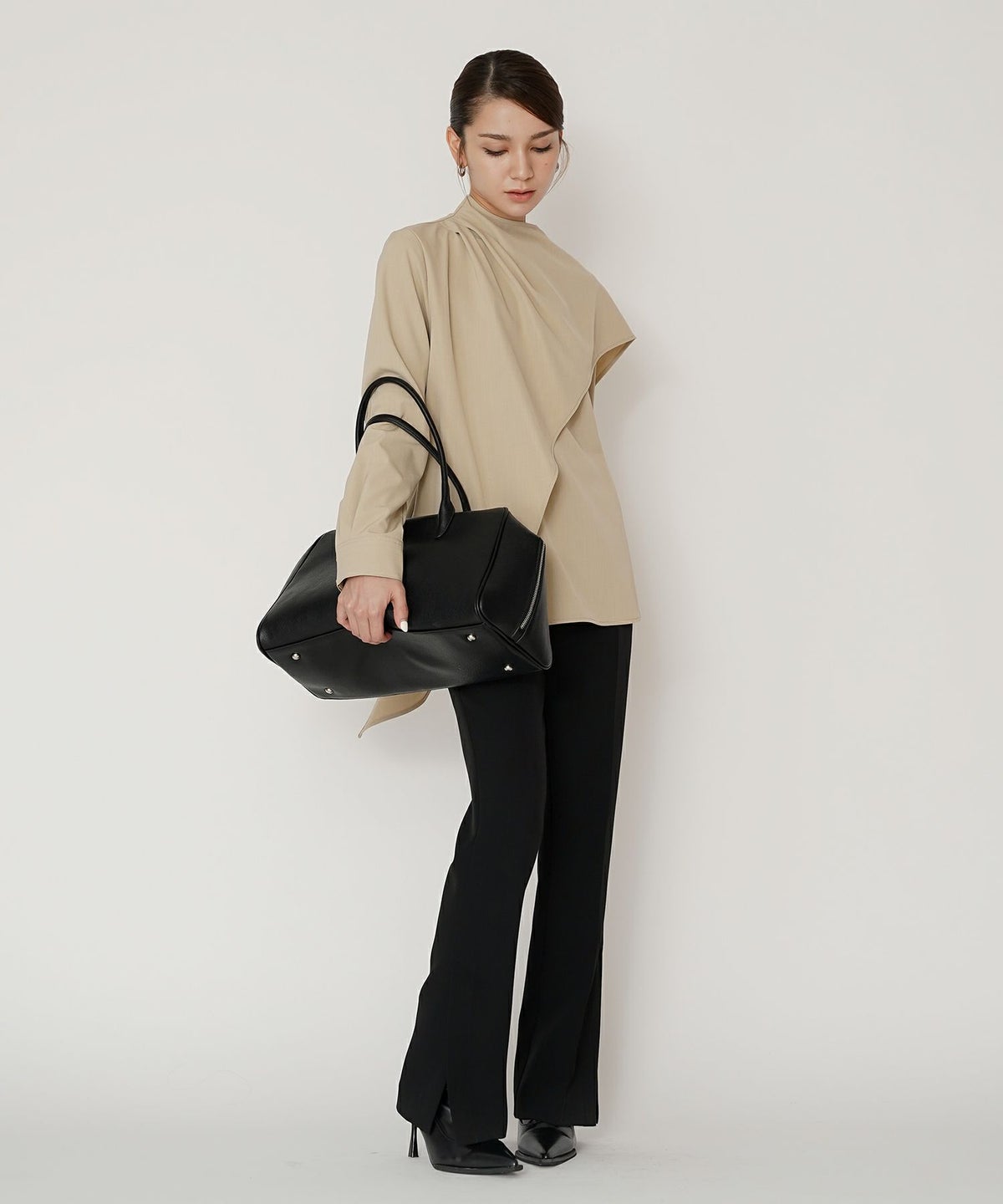 フレアシルエット お仕事 オフィス ディナー フォーマル ドレープ モード 変形シャツ  韓国風 綺麗め 細見え カジュアル KINO THE KEI