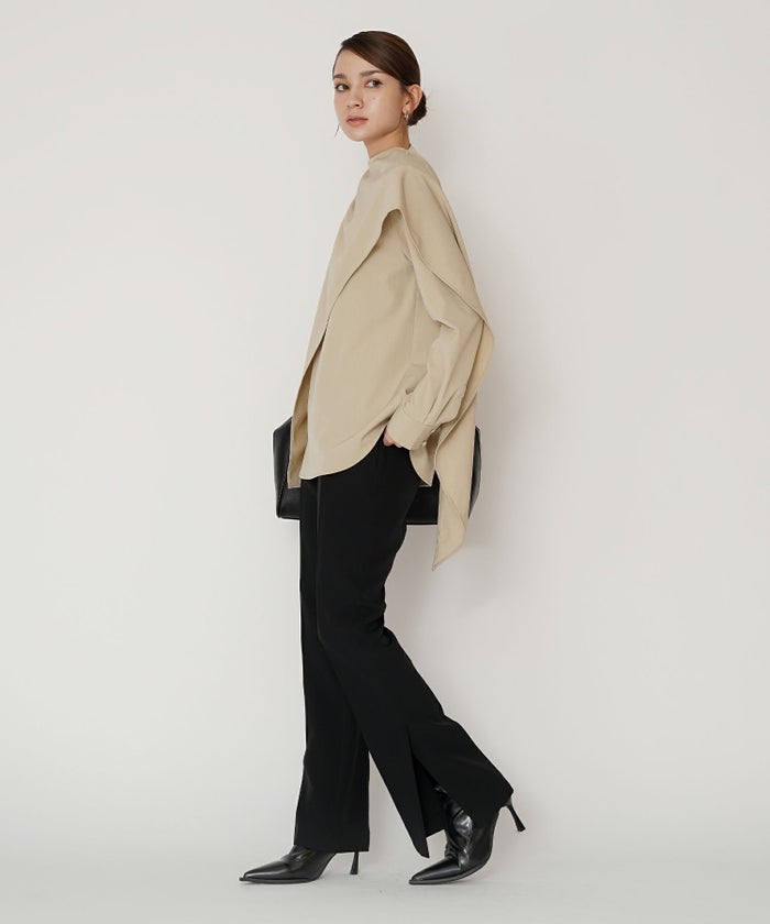 フレアシルエット お仕事 オフィス ディナー フォーマル ドレープ モード 変形シャツ  韓国風 綺麗め 細見え カジュアル KINO THE KEI