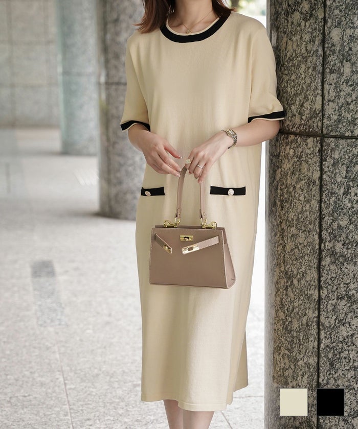 レディース サマーニット バイカラー きれいめ 上品 洗える ベージュ ブラック M 半袖 バイカラー ニット ワンピース HUIT