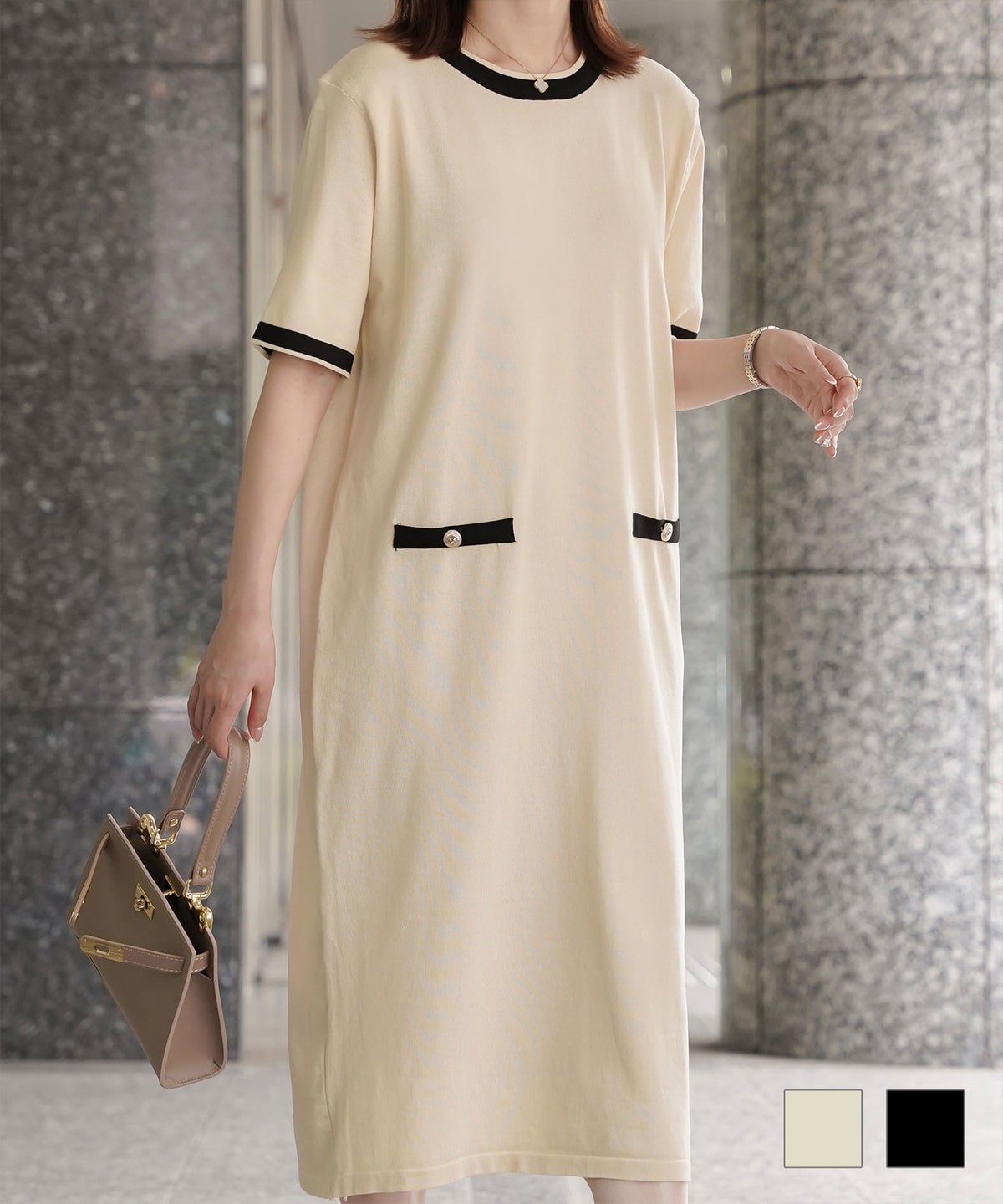 レディース サマーニット バイカラー きれいめ 上品 洗える ベージュ ブラック M 半袖 バイカラー ニット ワンピース HUIT
