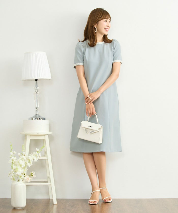 ワンピース レディース ファッション 半袖 きれいめ かわいい 大人 オフィス バイカラー 配色 膝丈 とろみ ジョイントスペース