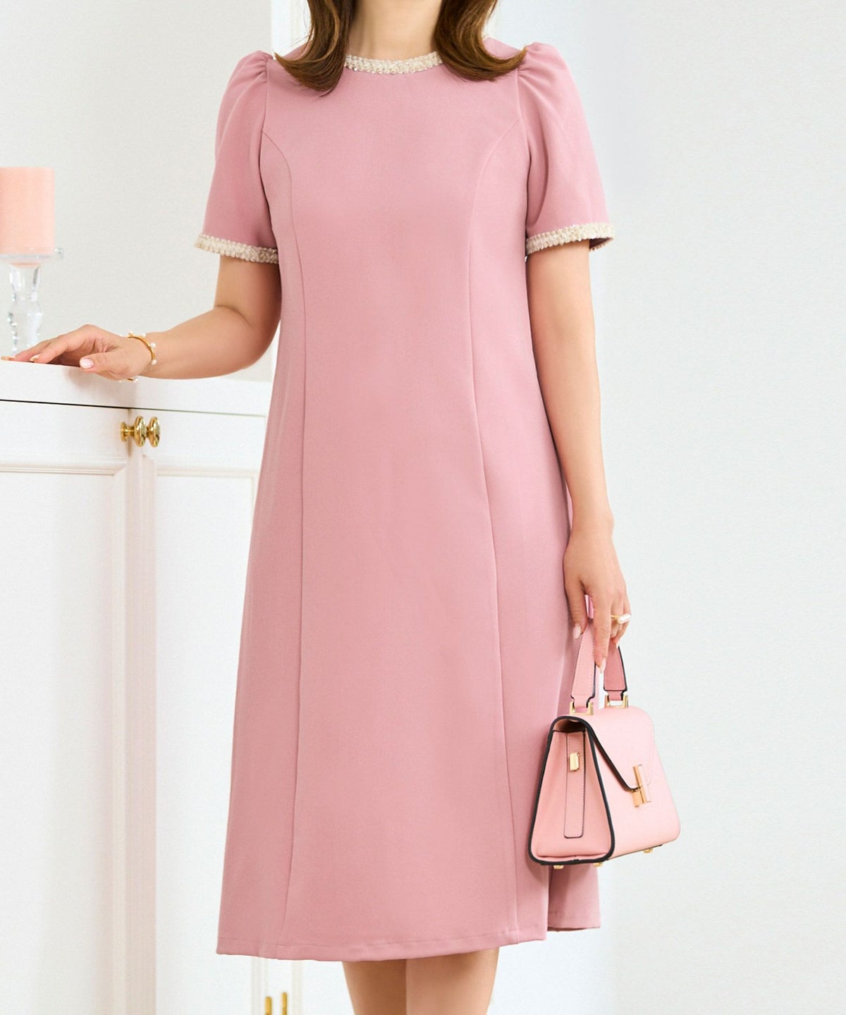 ワンピース レディース ファッション 半袖 きれいめ かわいい 大人 オフィス バイカラー 配色 膝丈 とろみ ジョイントスペース