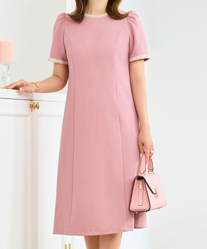 ワンピース レディース ファッション 半袖 きれいめ かわいい 大人 オフィス バイカラー 配色 膝丈 とろみ ジョイントスペース