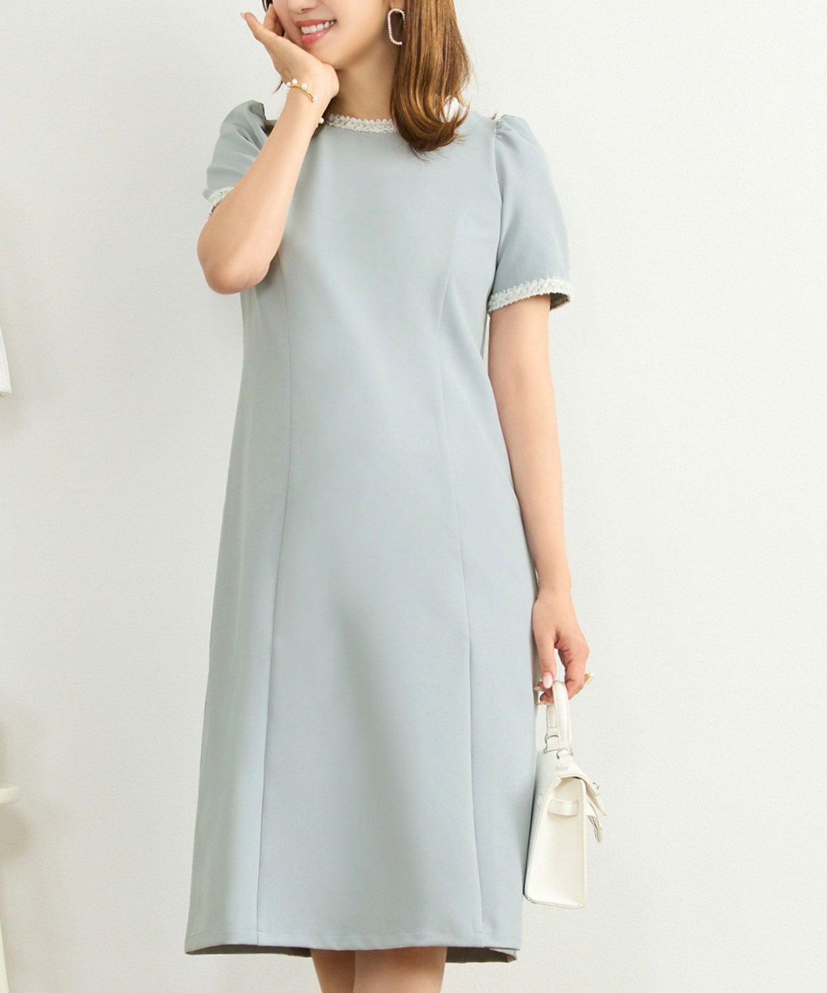 ワンピース レディース ファッション 半袖 きれいめ かわいい 大人 オフィス バイカラー 配色 膝丈 とろみ ジョイントスペース