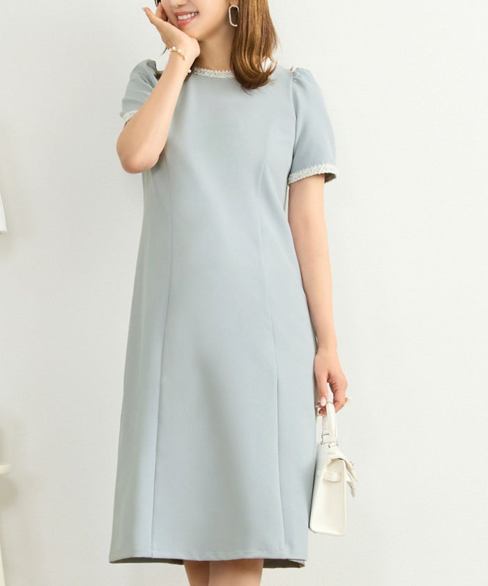 ワンピース レディース ファッション 半袖 きれいめ かわいい 大人 オフィス バイカラー 配色 膝丈 とろみ ジョイントスペース