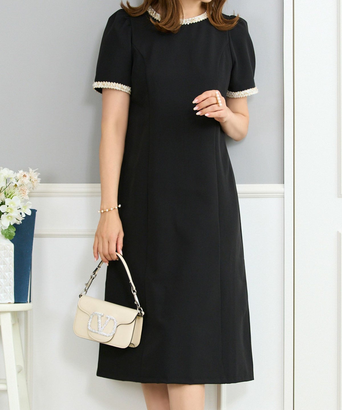 ワンピース レディース ファッション 半袖 きれいめ かわいい 大人 オフィス バイカラー 配色 膝丈 とろみ ジョイントスペース