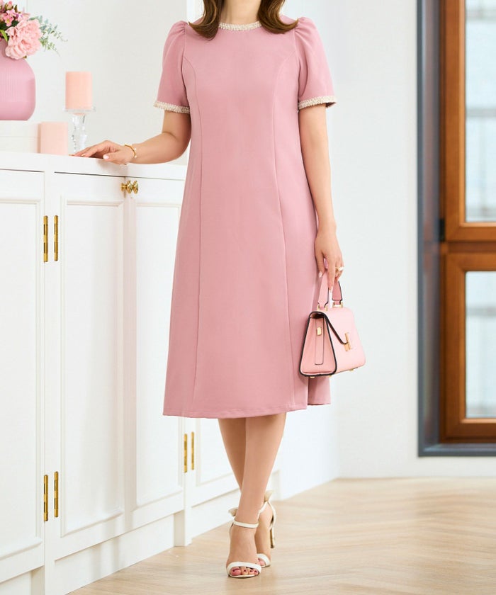 ワンピース レディース ファッション 半袖 きれいめ かわいい 大人 オフィス バイカラー 配色 膝丈 とろみ ジョイントスペース