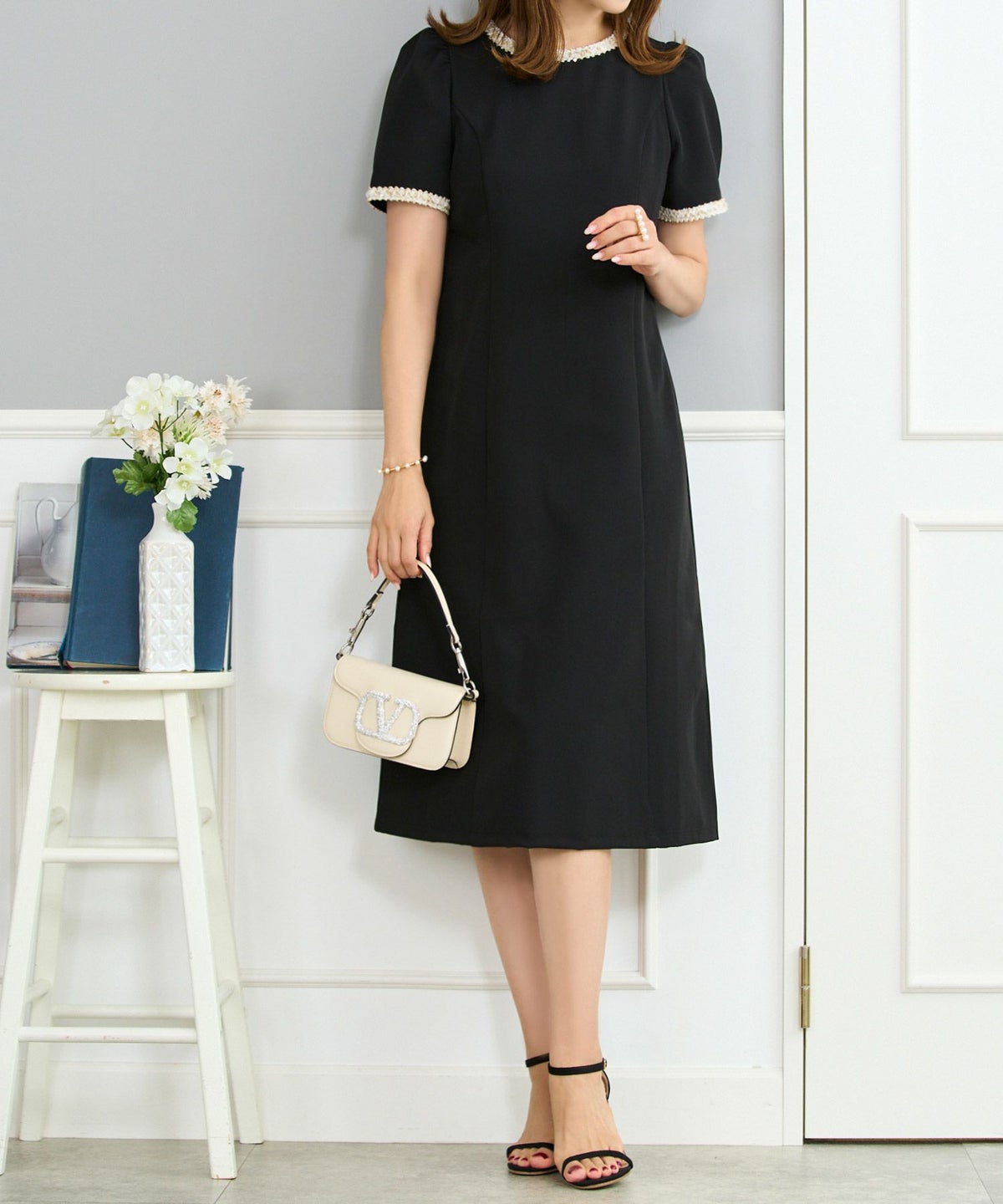 ワンピース レディース ファッション 半袖 きれいめ かわいい 大人 オフィス バイカラー 配色 膝丈 とろみ ジョイントスペース