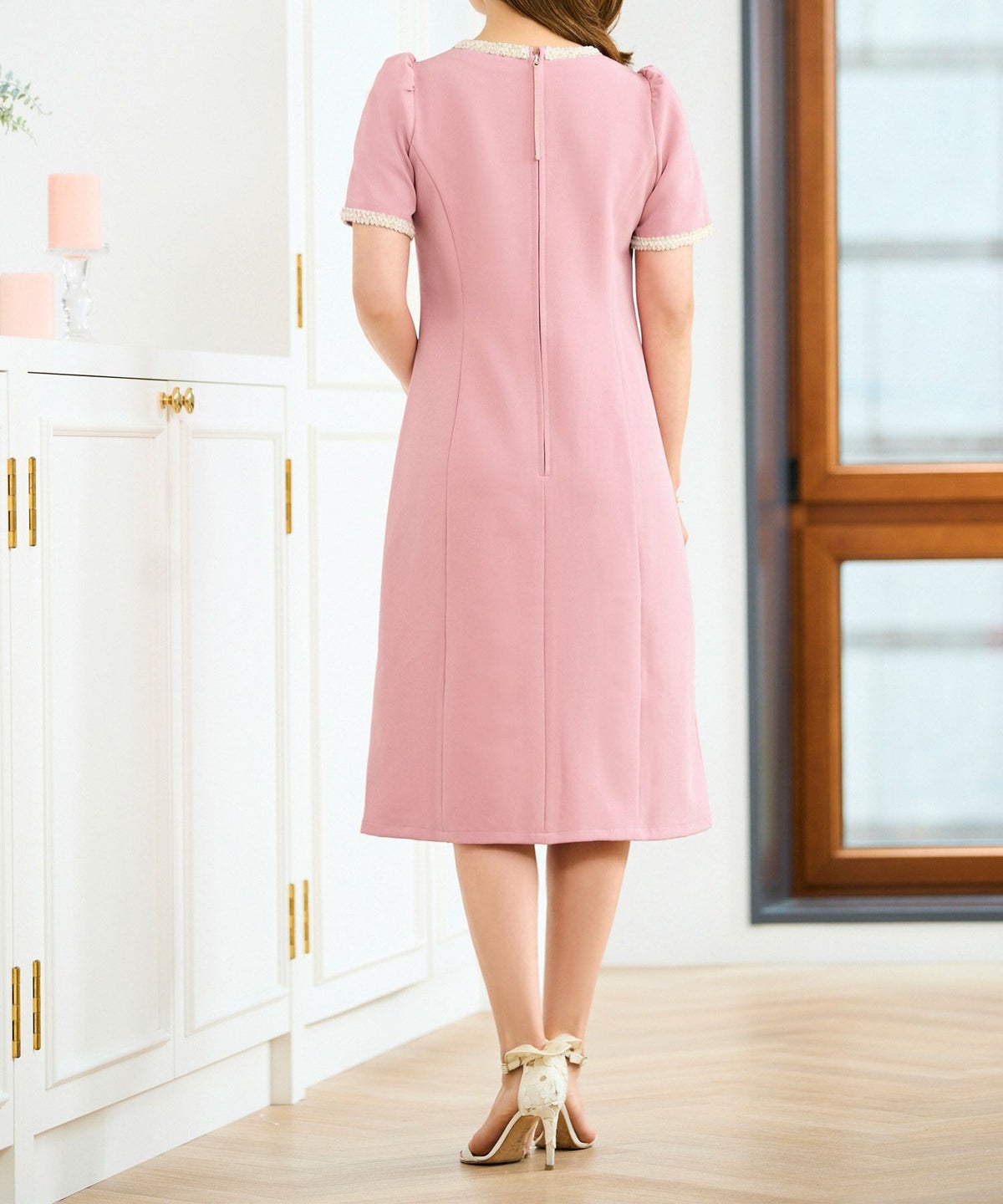 ワンピース レディース ファッション 半袖 きれいめ かわいい 大人 オフィス バイカラー 配色 膝丈 とろみ ジョイントスペース