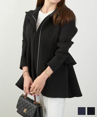 レディース ライトアウター 長袖 大人カジュアル オフィス きれいめ 体型カバー ペプラム スタンドカラー 春 秋 ジョイントスペース ダンボールニット フード付き フリル ジャケット Liala×PG