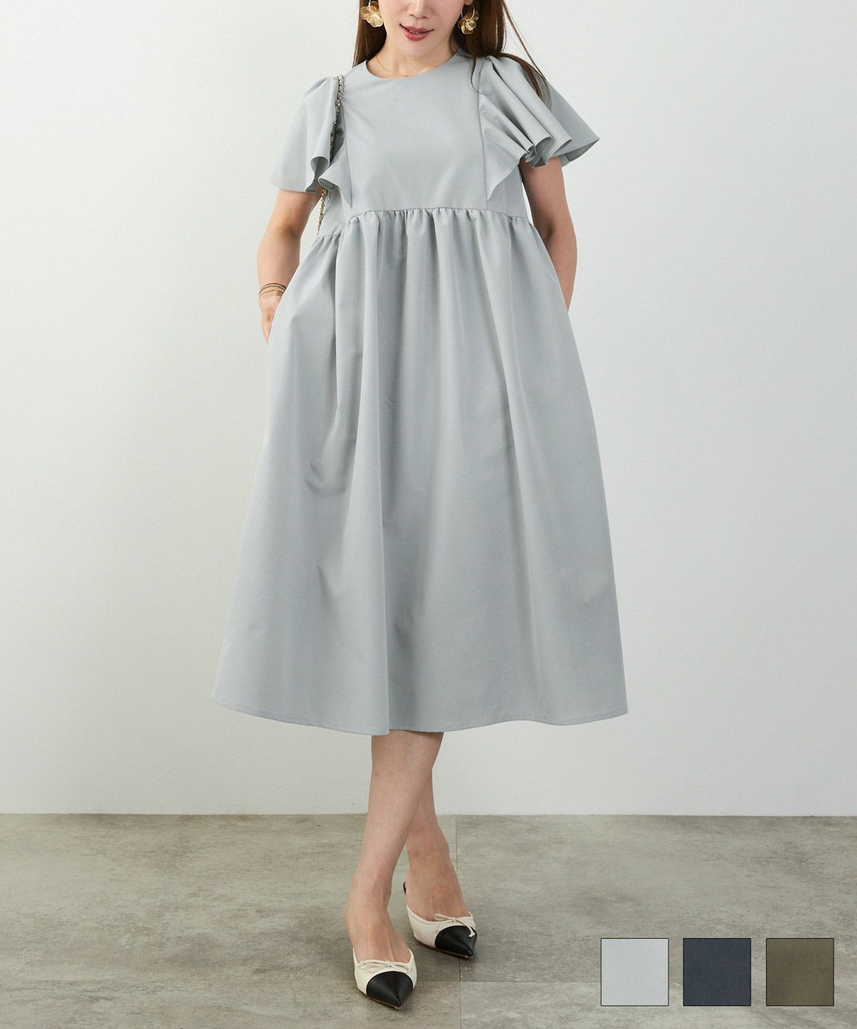 手洗い可 かわいい 上品 きれいめ 大人カジュアル シンプル 体型カバー ハイウエスト フレア ジョイントスペース ラッフルスリーブ 半袖 ワンピース Liala×PG