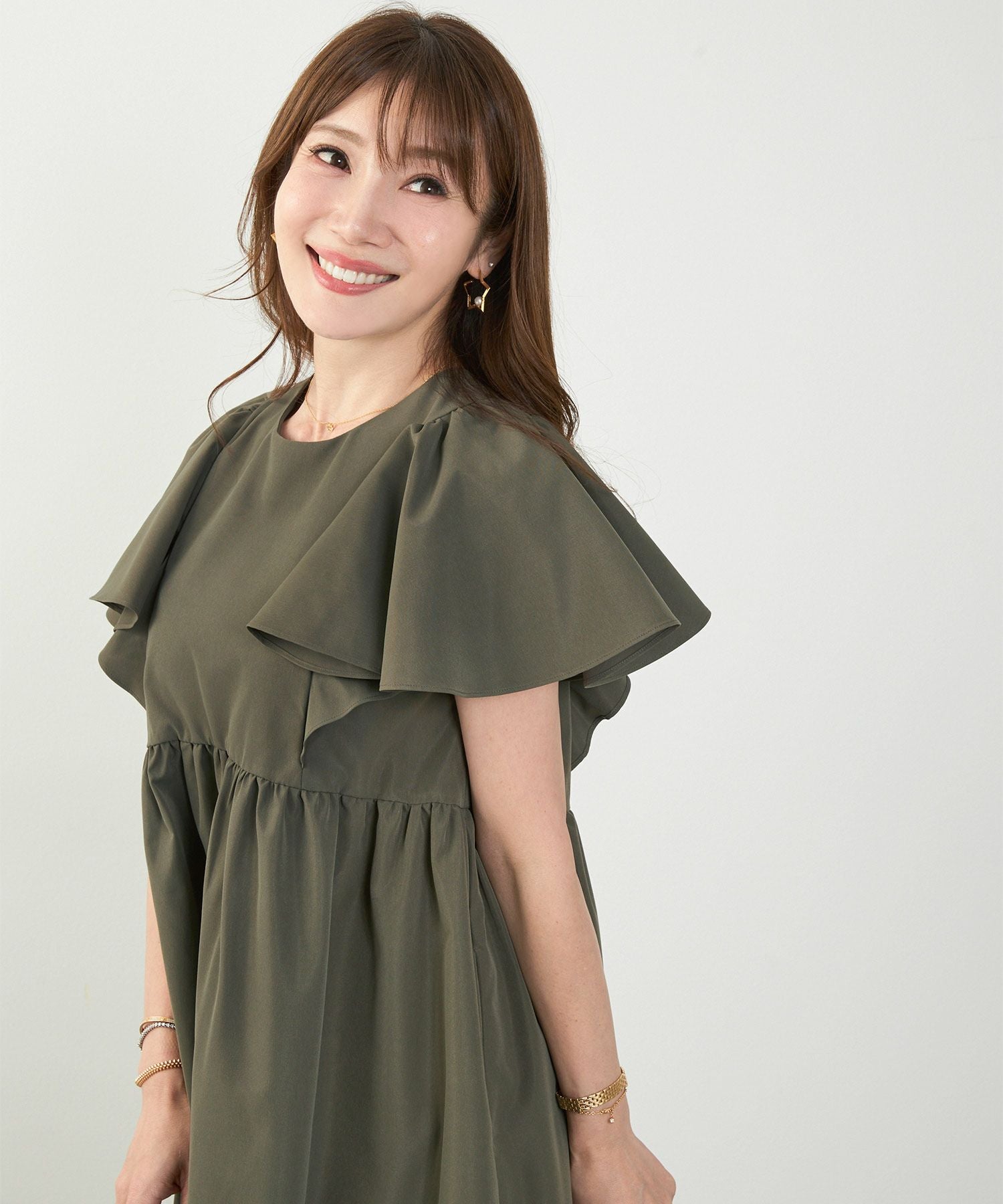 WOOL混ワンピース　LL サイズ　【ララ】 ラッフルスリーブ 半袖 ワンピース Liala×PG 全3色｜lpg331-2185【1 ワンピース