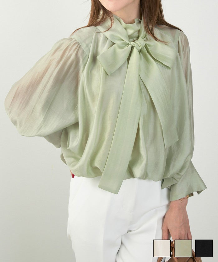 手洗い可 長袖 大人カジュアル オフィス きれいめ フェニミン シアー オールシーズン ジョイントスペース ボウタイ パフ袖 バルーン ブラウス Liala×PG