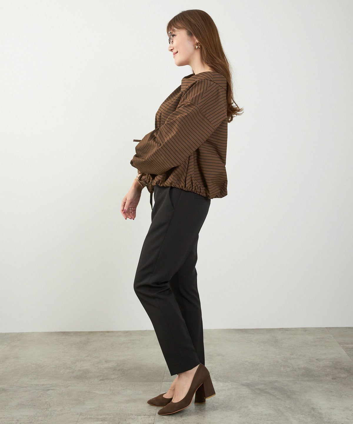 かわいい 上品 きれいめ 大人カジュアル オフィス シンプル 柄 ストライプ バルーン 春 秋 体型カバー ジョイントスペース