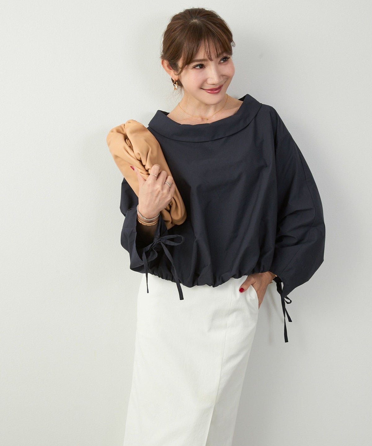 かわいい 上品 きれいめ 大人カジュアル オフィス シンプル 柄 ストライプ バルーン 春 秋 体型カバー ジョイントスペース