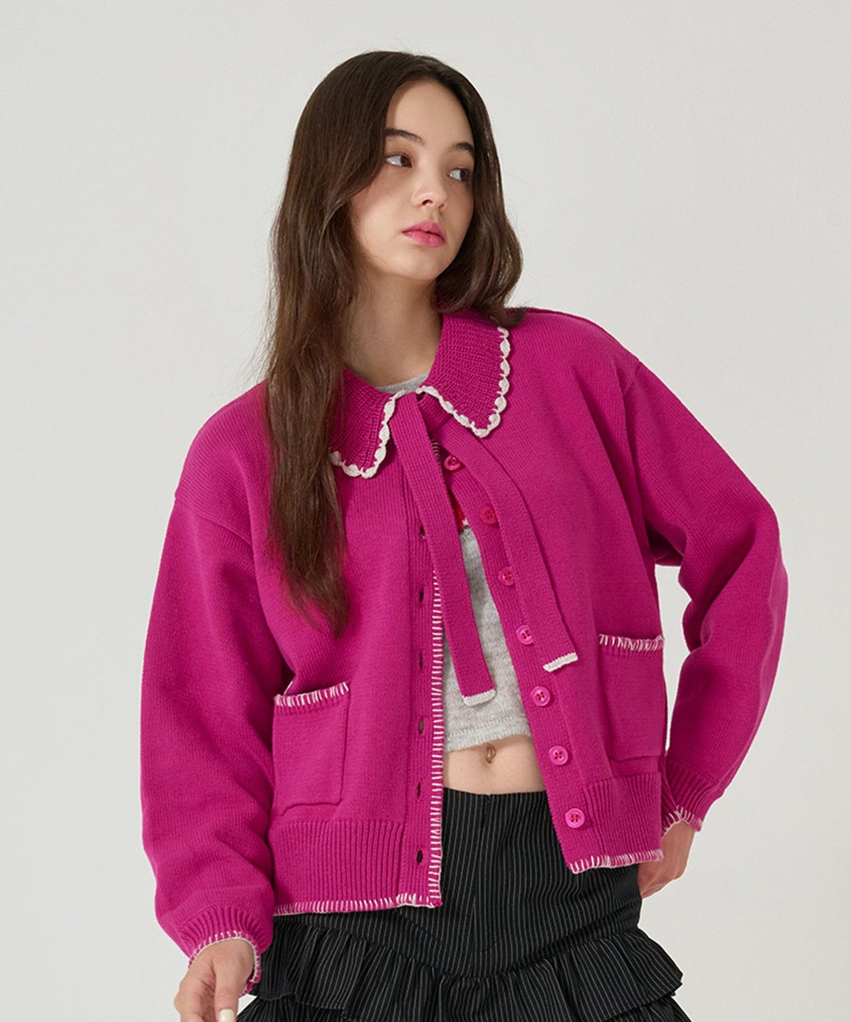  ハンドステッチ/ ニット/ジャケット/プラム