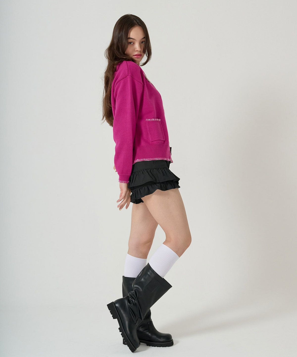  ハンドステッチ/ ニット/ジャケット/プラム/アイボリー