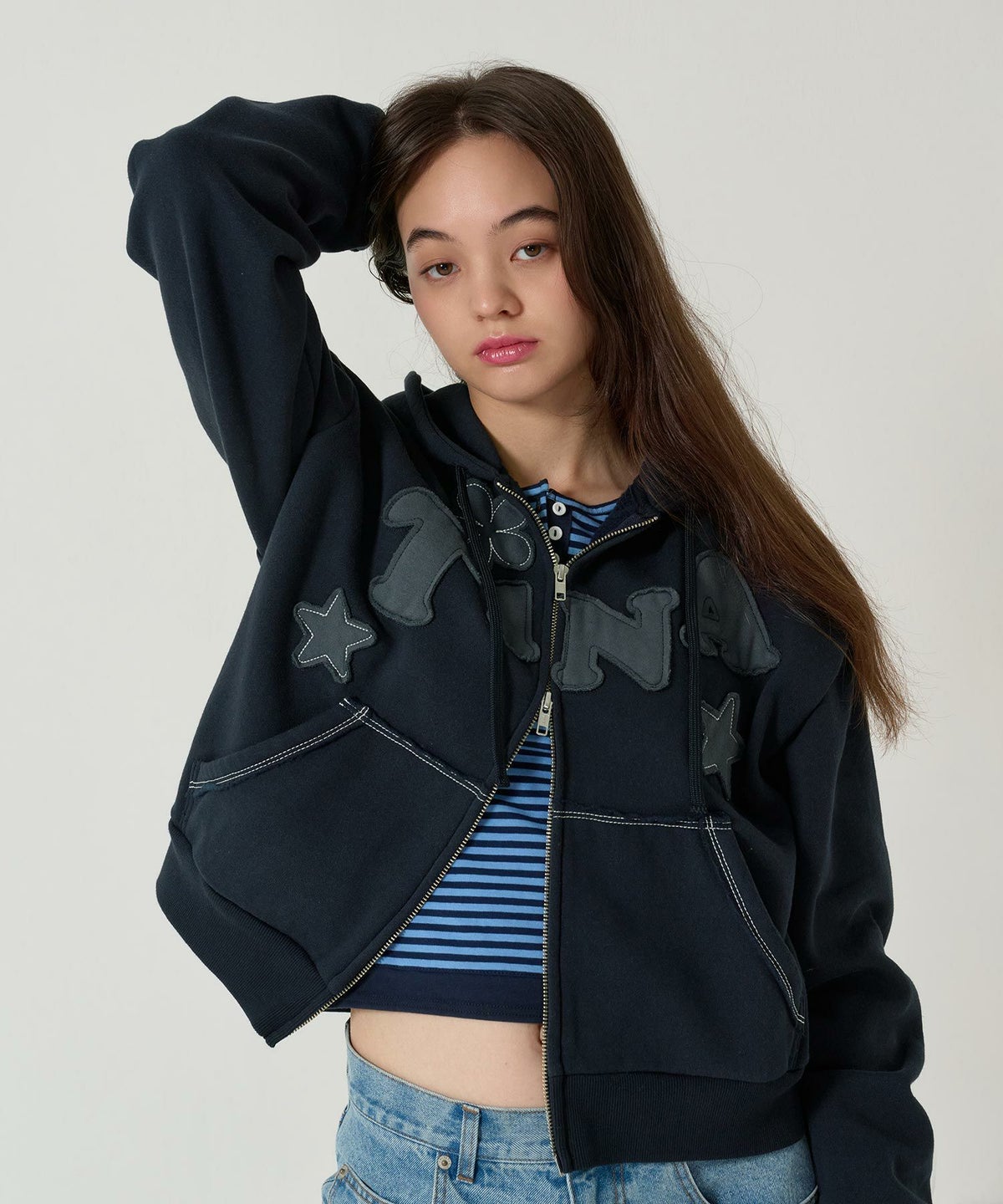 パッチワーク/フーディー/パーカー/ネイビー/ライトブルー