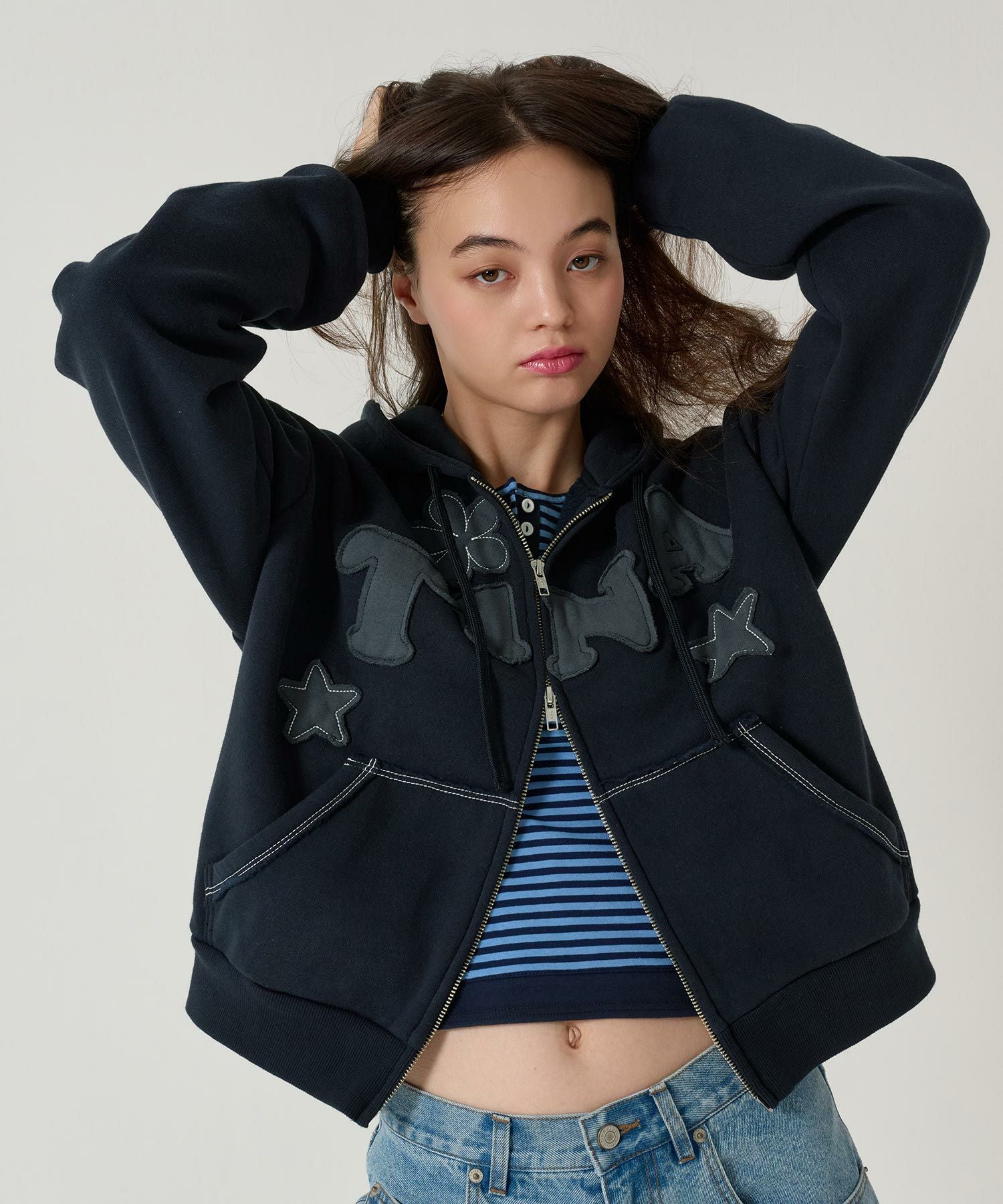 裏起毛 ロゴパッチワーク フーディー tina jojun ネイビー 裏起毛 ロゴパッチワーク フーディー TINA：JOJUN 全3色｜tnj531-1133