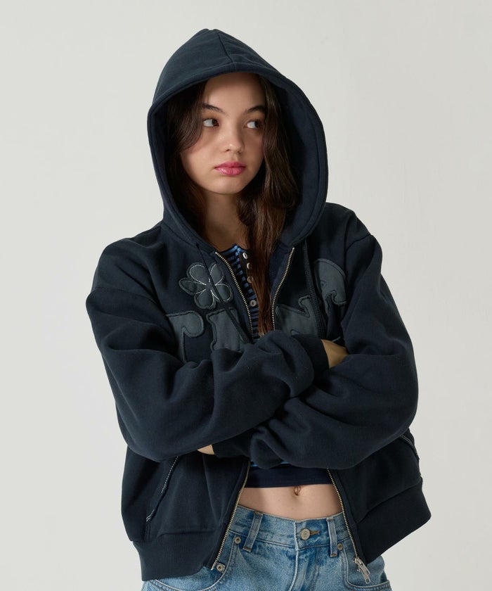 パッチワーク/フーディー/パーカー/ネイビー/ライトブルー