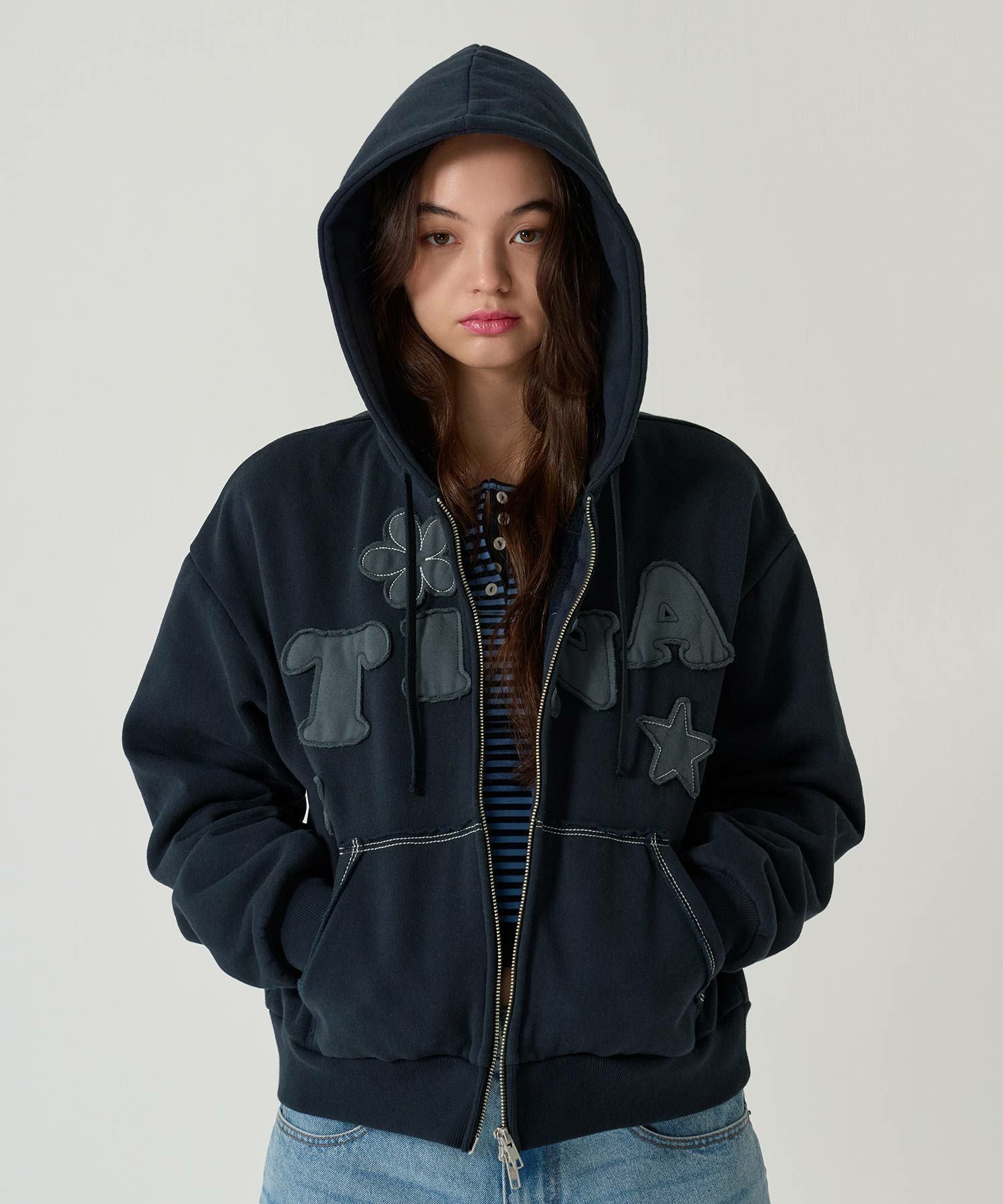 裏起毛 ロゴパッチワーク フーディー TINA：JOJUN 全3色｜tnj531-1133