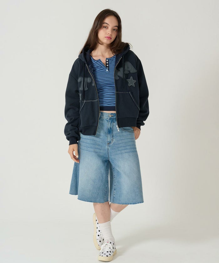 パッチワーク/フーディー/パーカー/ネイビー/ライトブルー