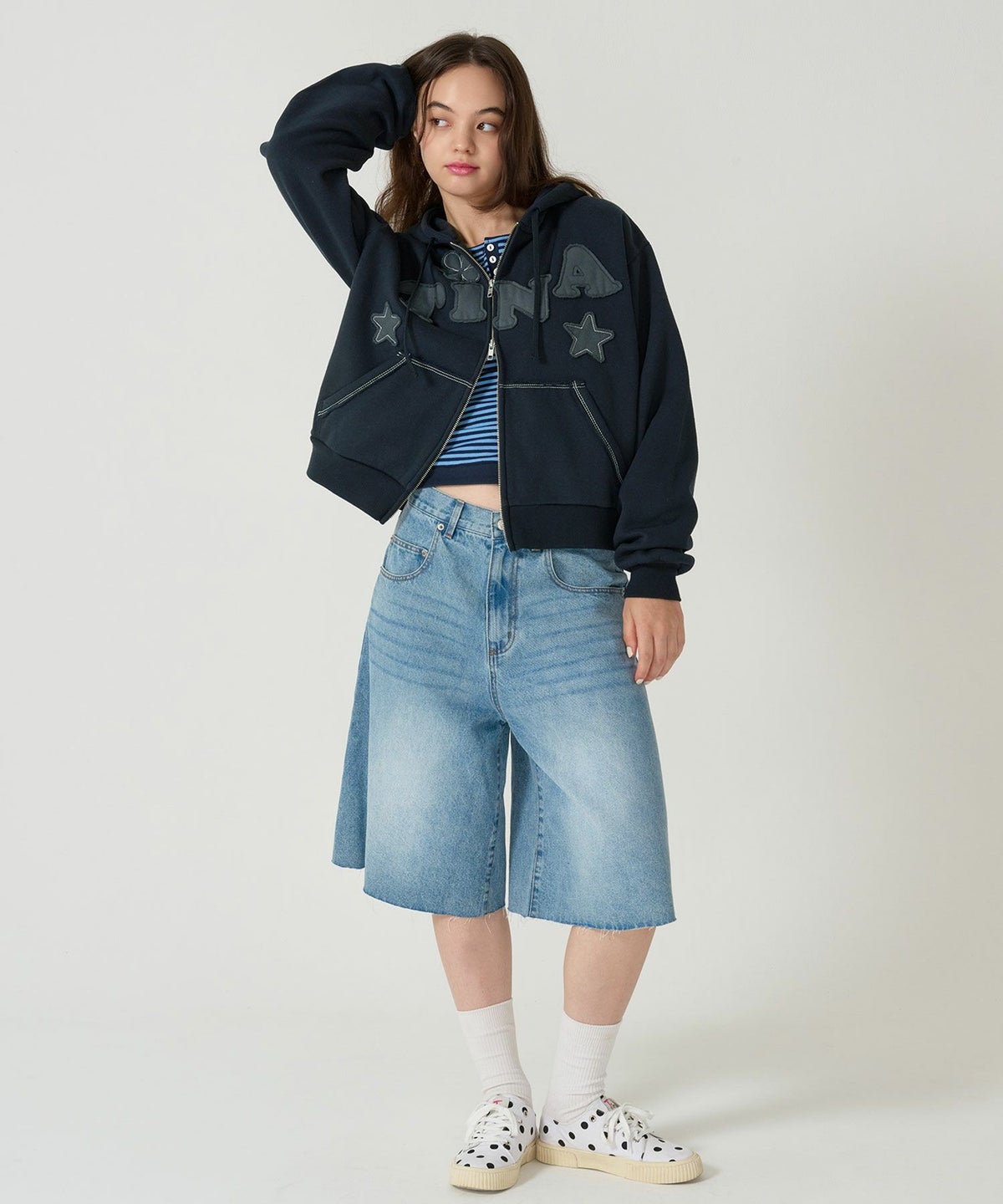 パッチワーク/フーディー/パーカー/ネイビー/ライトブルー