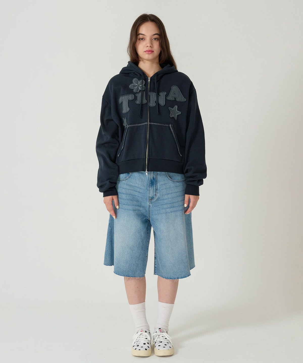 パッチワーク/フーディー/パーカー/ネイビー/ライトブルー