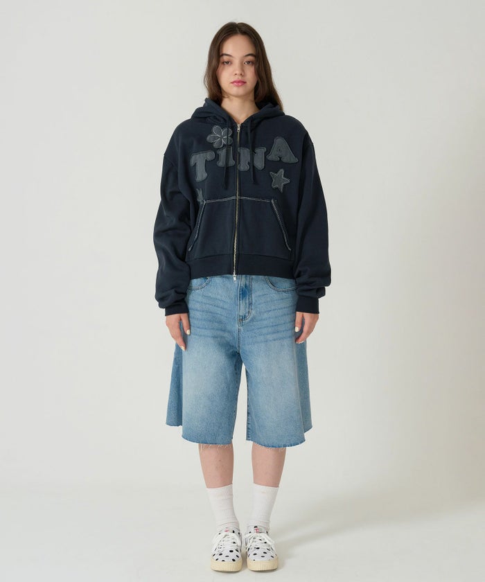 パッチワーク/フーディー/パーカー/ネイビー/ライトブルー