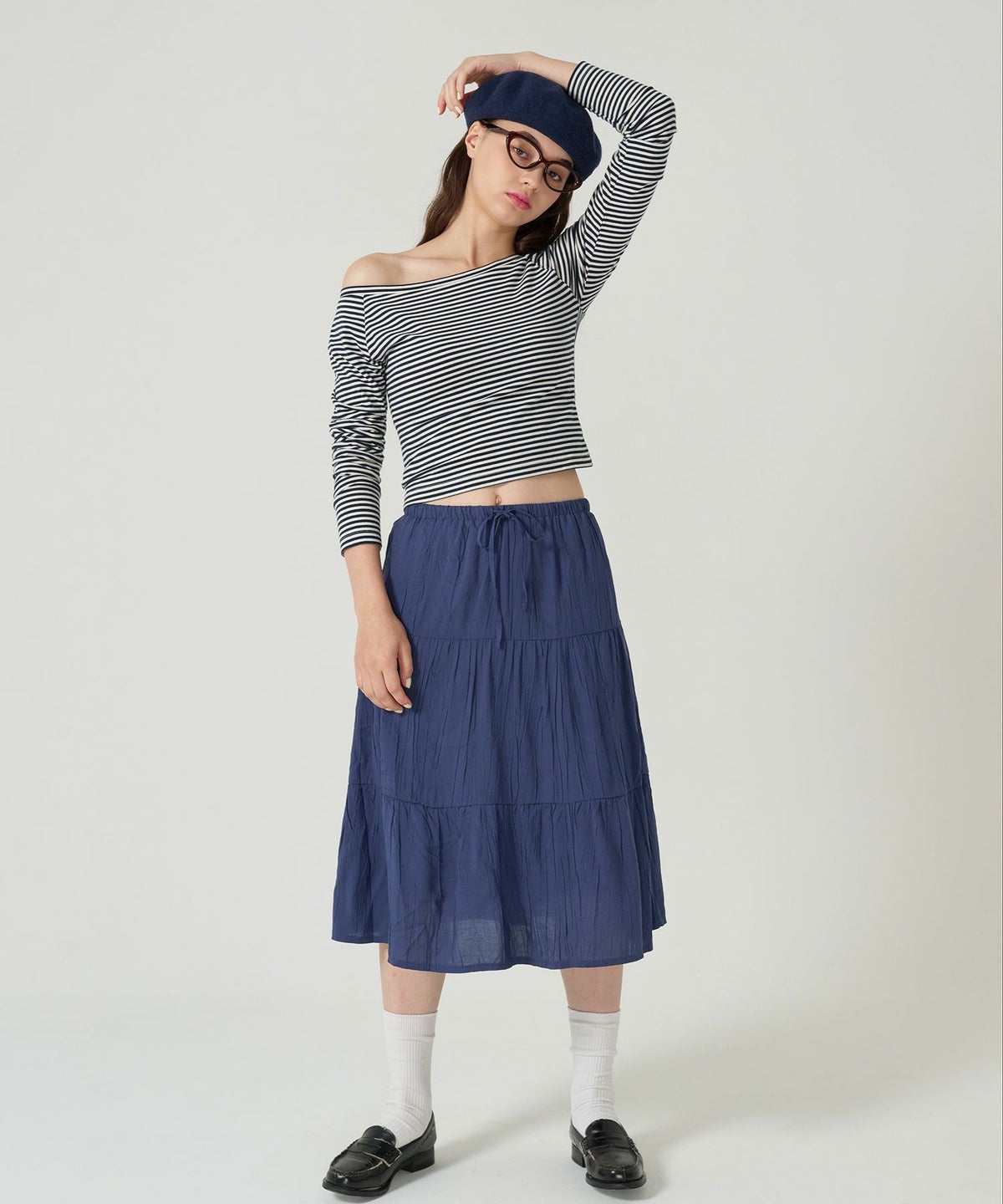 ティアード/ スカート/ミディ丈/ネイビー