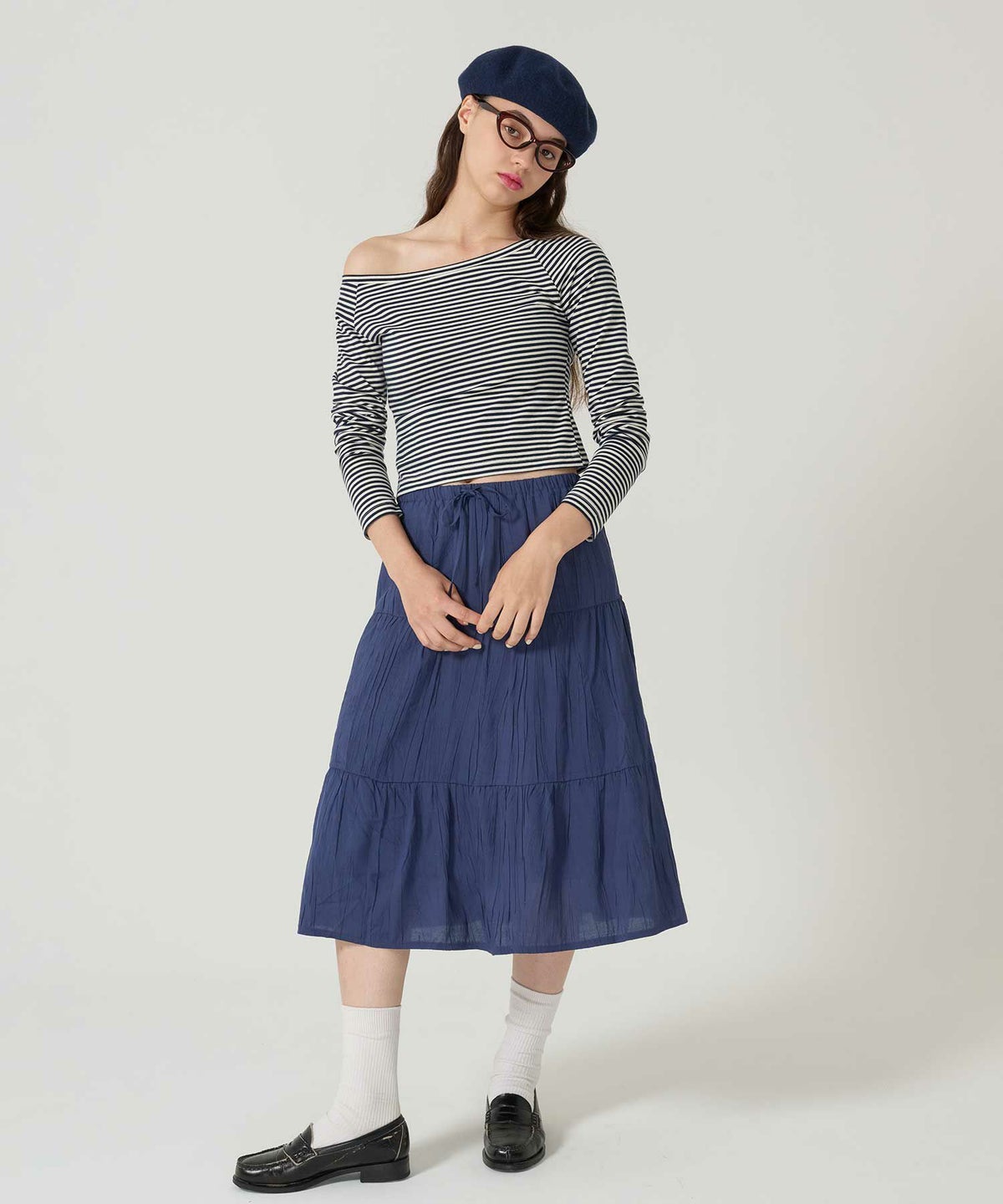 ティアード/ スカート/ミディ丈/ネイビー