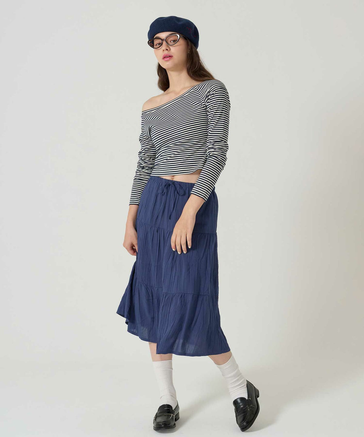 ティアード/ スカート/ミディ丈/ネイビー