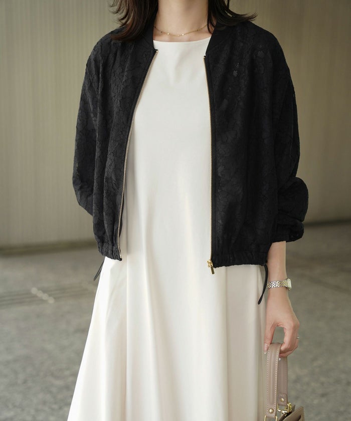 レース シアー ブルゾン シンプル レース ブルゾン アウター オフィス 冷房対策 ホワイト/ブラック/M/長袖