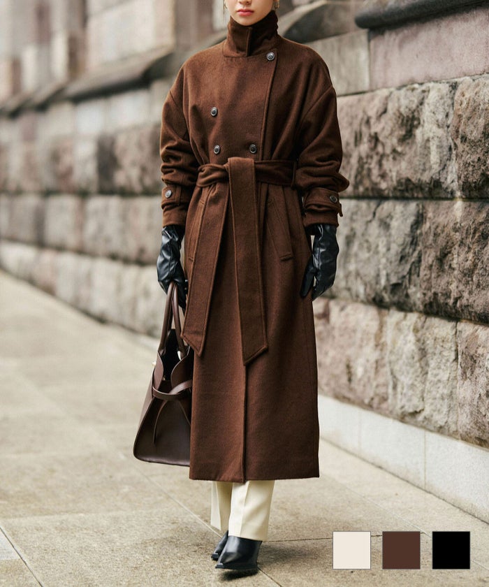 細身 ロングコート トレンチコート メルトン ラップコート オーバーコート チェスターコート スタンドカラー 韓国風 綺麗め 細見え カジュアル KINO THE KEI