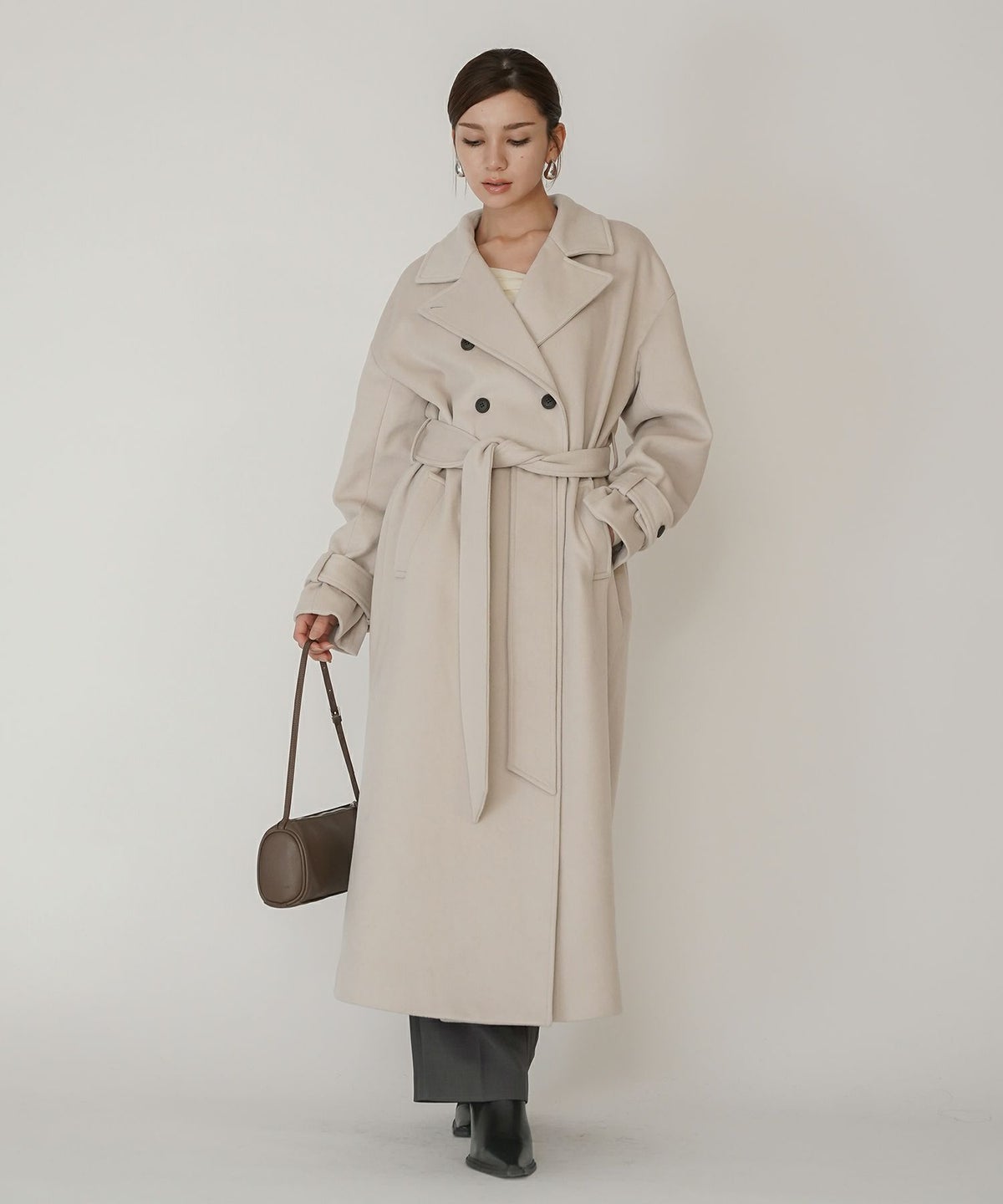 細身 ロングコート トレンチコート メルトン ラップコート オーバーコート チェスターコート スタンドカラー 韓国風 綺麗め 細見え カジュアル KINO THE KEI