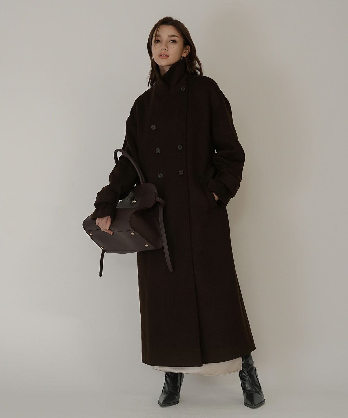 細身 ロングコート トレンチコート メルトン ラップコート オーバーコート チェスターコート スタンドカラー 韓国風 綺麗め 細見え カジュアル KINO THE KEI