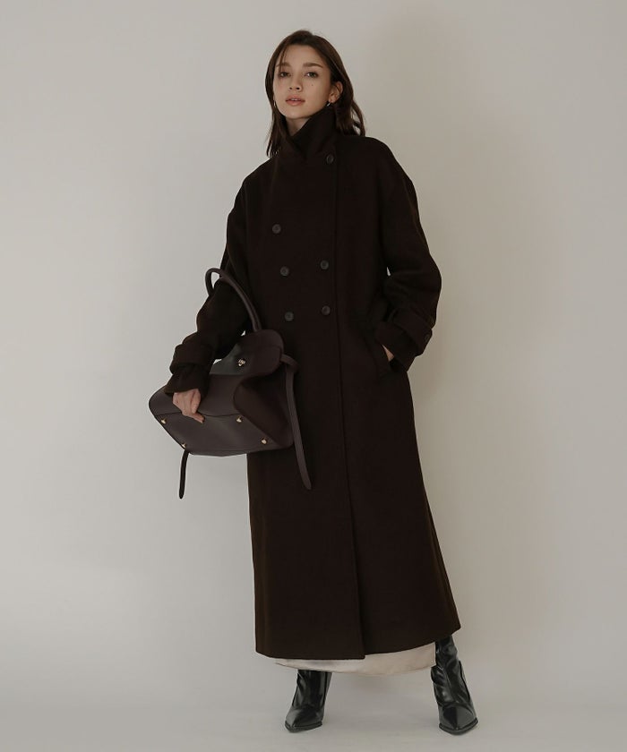 細身 ロングコート トレンチコート メルトン ラップコート オーバーコート チェスターコート スタンドカラー 韓国風 綺麗め 細見え カジュアル KINO THE KEI