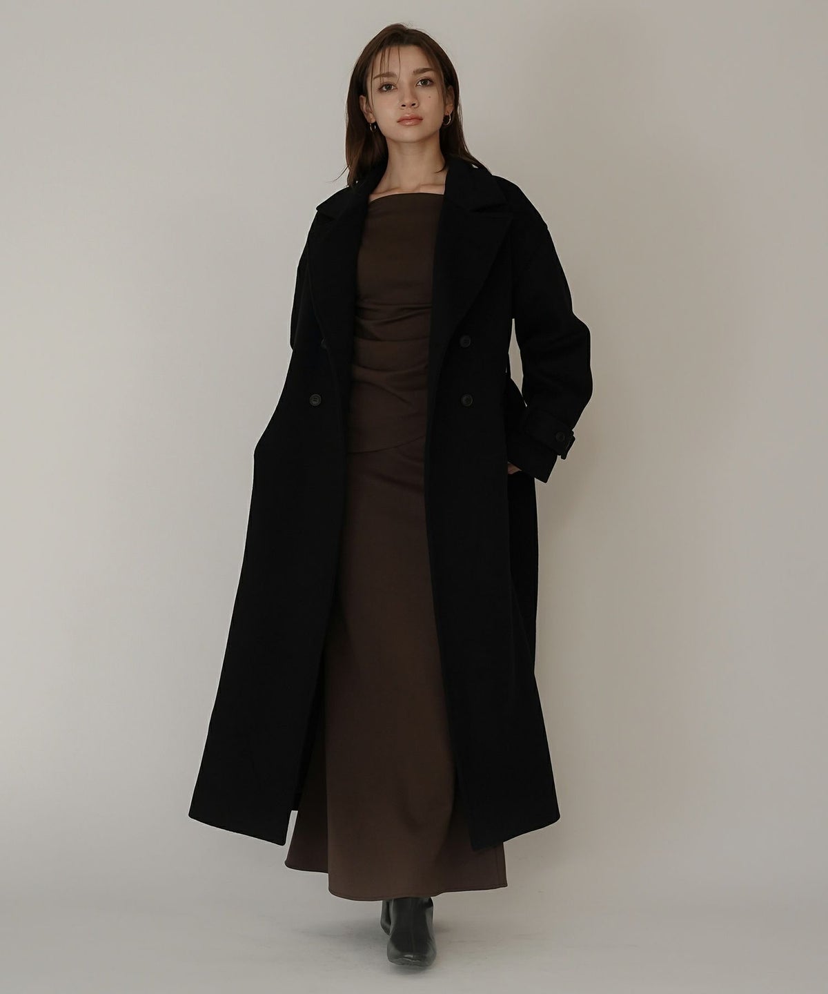 細身 ロングコート トレンチコート メルトン ラップコート オーバーコート チェスターコート スタンドカラー 韓国風 綺麗め 細見え カジュアル KINO THE KEI