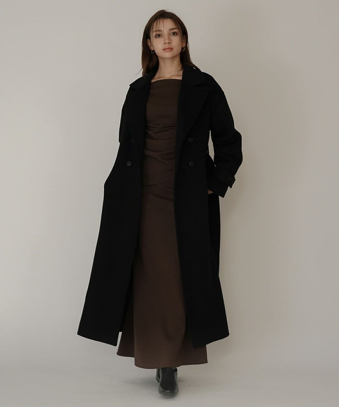 細身 ロングコート トレンチコート メルトン ラップコート オーバーコート チェスターコート スタンドカラー 韓国風 綺麗め 細見え カジュアル KINO THE KEI