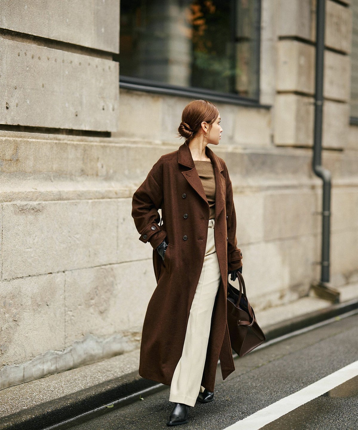 細身 ロングコート トレンチコート メルトン ラップコート オーバーコート チェスターコート スタンドカラー 韓国風 綺麗め 細見え カジュアル KINO THE KEI