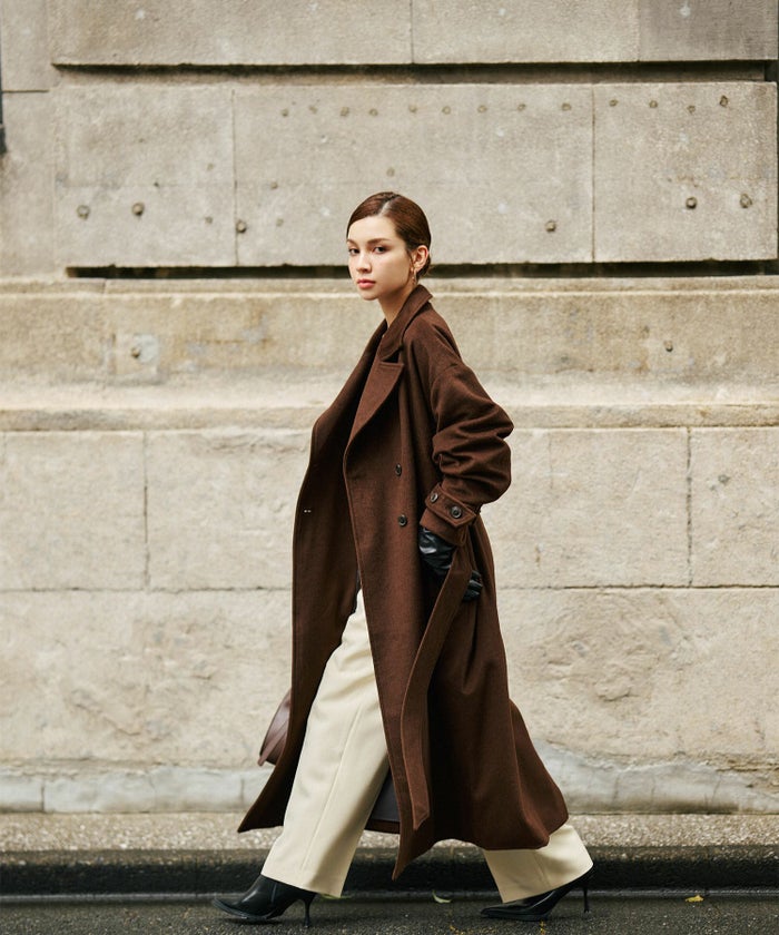 細身 ロングコート トレンチコート メルトン ラップコート オーバーコート チェスターコート スタンドカラー 韓国風 綺麗め 細見え カジュアル KINO THE KEI