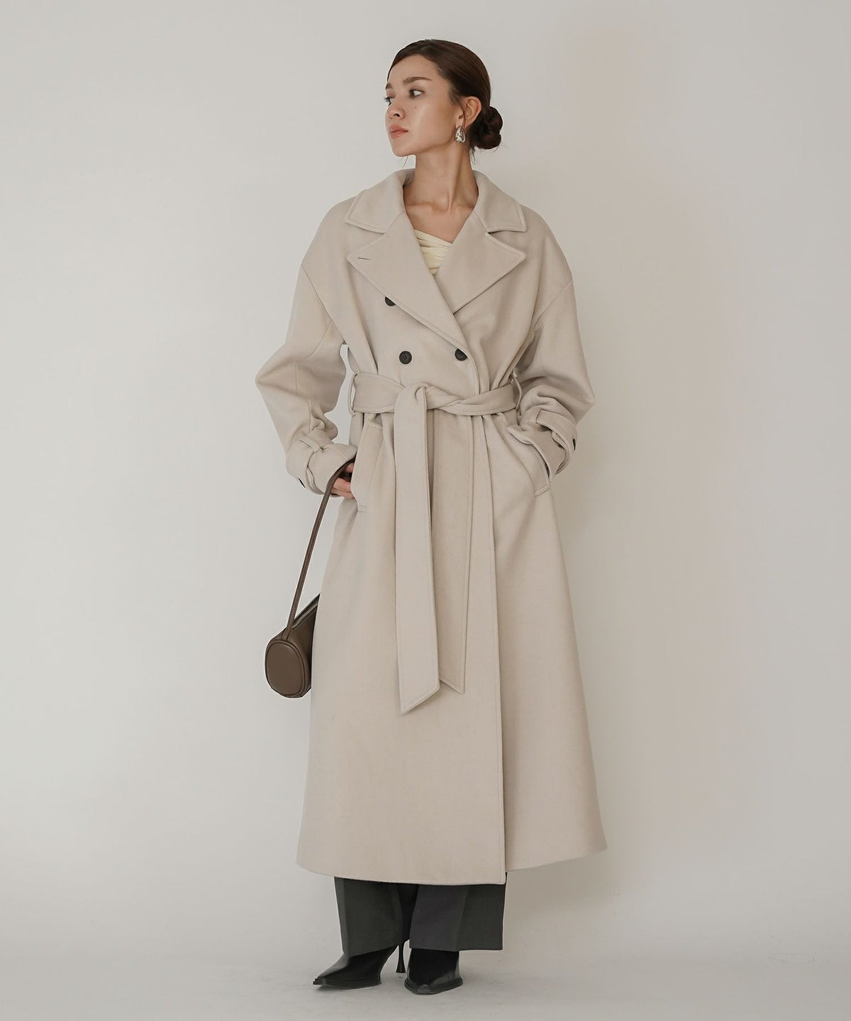 細身 ロングコート トレンチコート メルトン ラップコート オーバーコート チェスターコート スタンドカラー 韓国風 綺麗め 細見え カジュアル KINO THE KEI