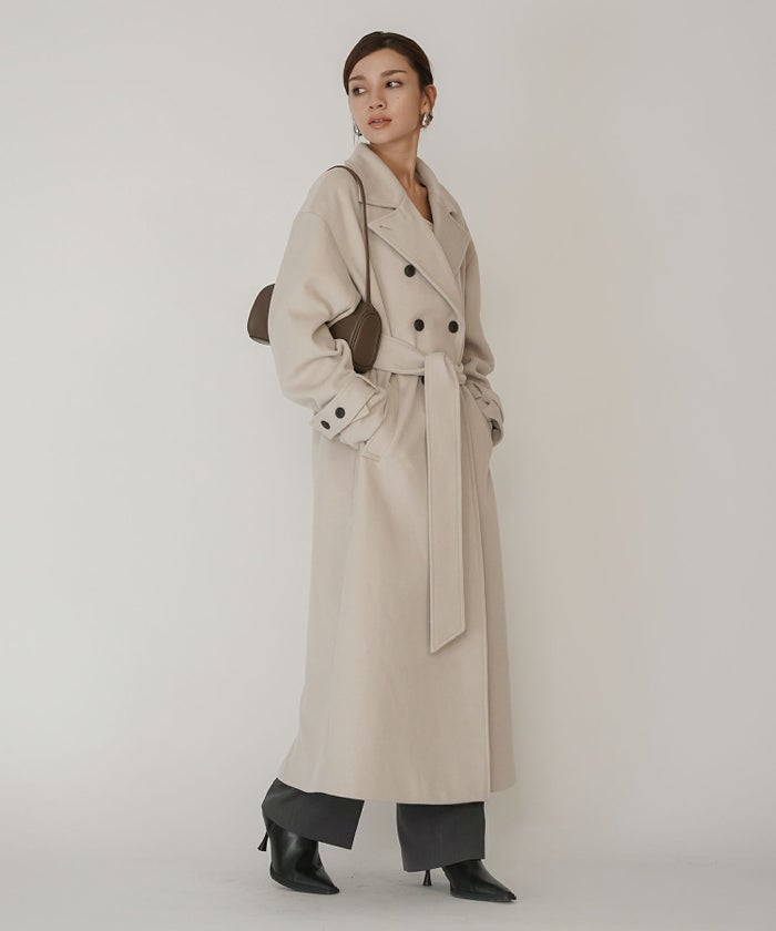 細身 ロングコート トレンチコート メルトン ラップコート オーバーコート チェスターコート スタンドカラー 韓国風 綺麗め 細見え カジュアル KINO THE KEI