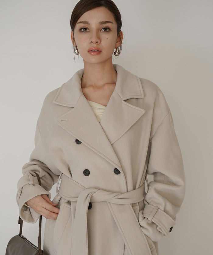 細身 ロングコート トレンチコート メルトン ラップコート オーバーコート チェスターコート スタンドカラー 韓国風 綺麗め 細見え カジュアル KINO THE KEI