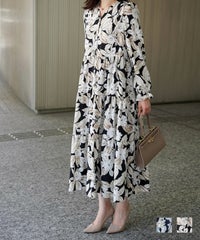 花柄 ティアード ワンピース レディース 大花柄 フラワー エレガント ロング丈 ネイビー ブラック M 長袖 花柄 ティアード ワンピース HUIT